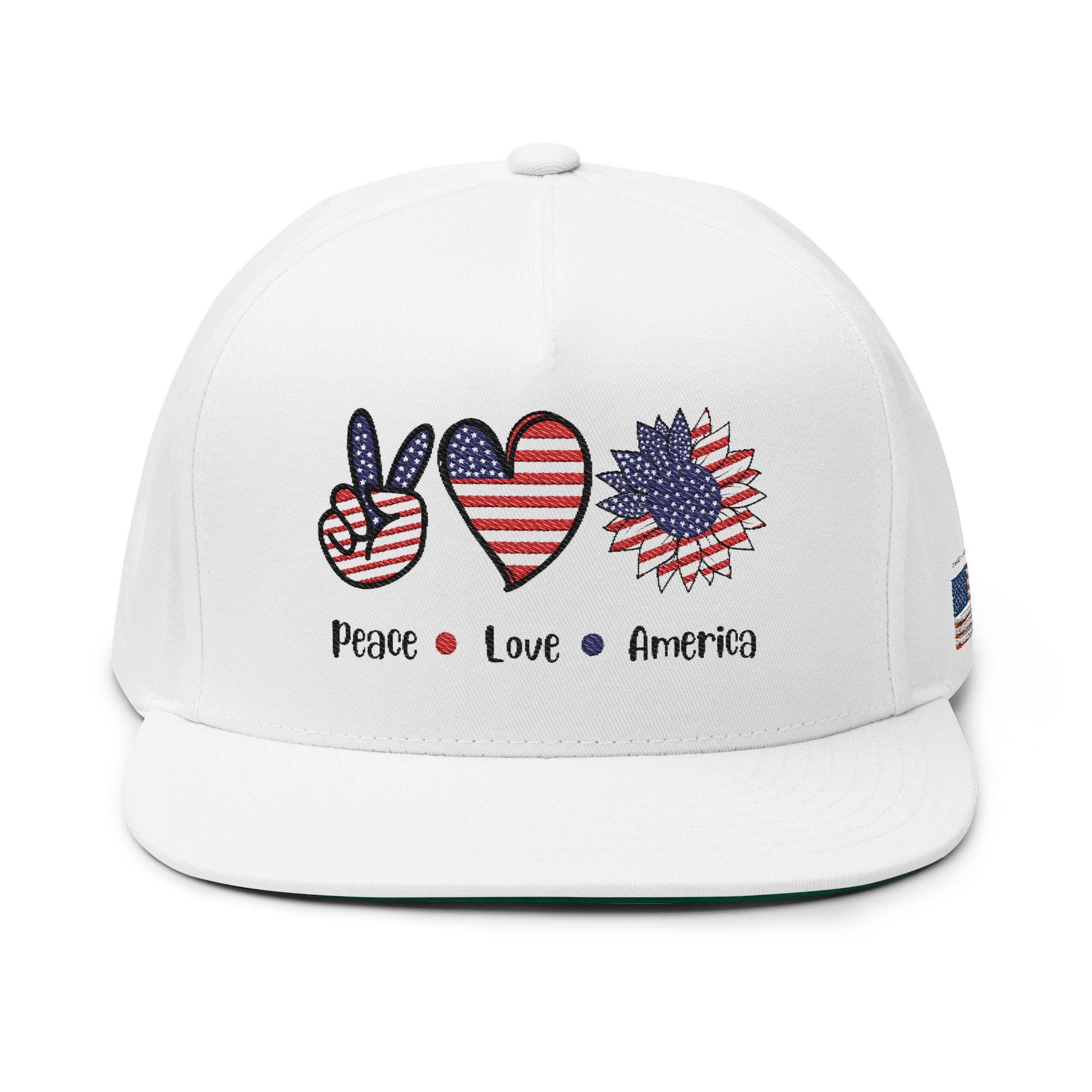 Patriotic Flat Bill Cap - Peace, Love, America, 4th of July Hat, Embroidered Cap, Gift for Dad, Summer Hat, Casual Wear