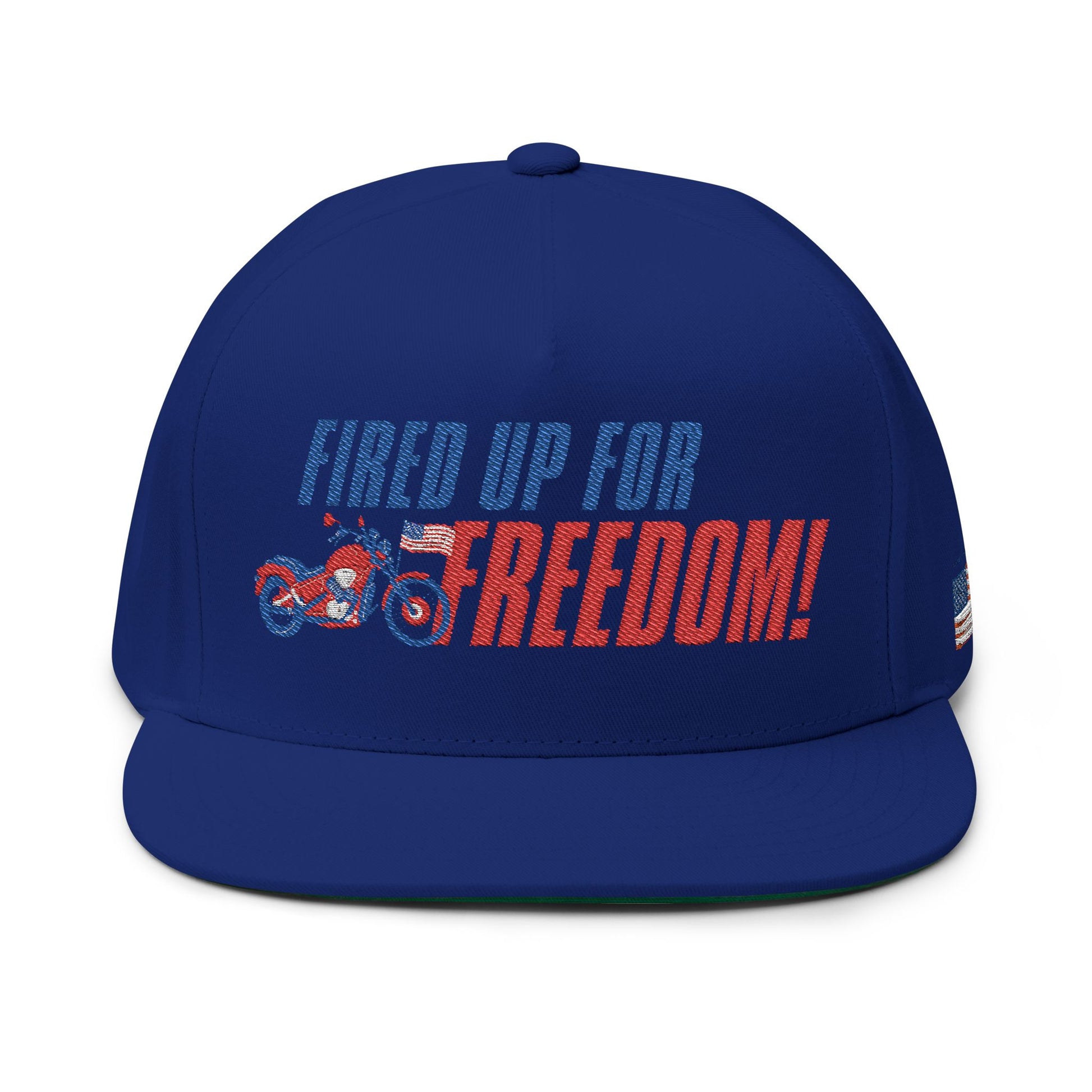 Fired Up for Freedom! Flat Bill Cap - Patriotic Hat, Motorcycle Lover Gift, Embroidered Cap, Fourth of July Accessory, Casual Style