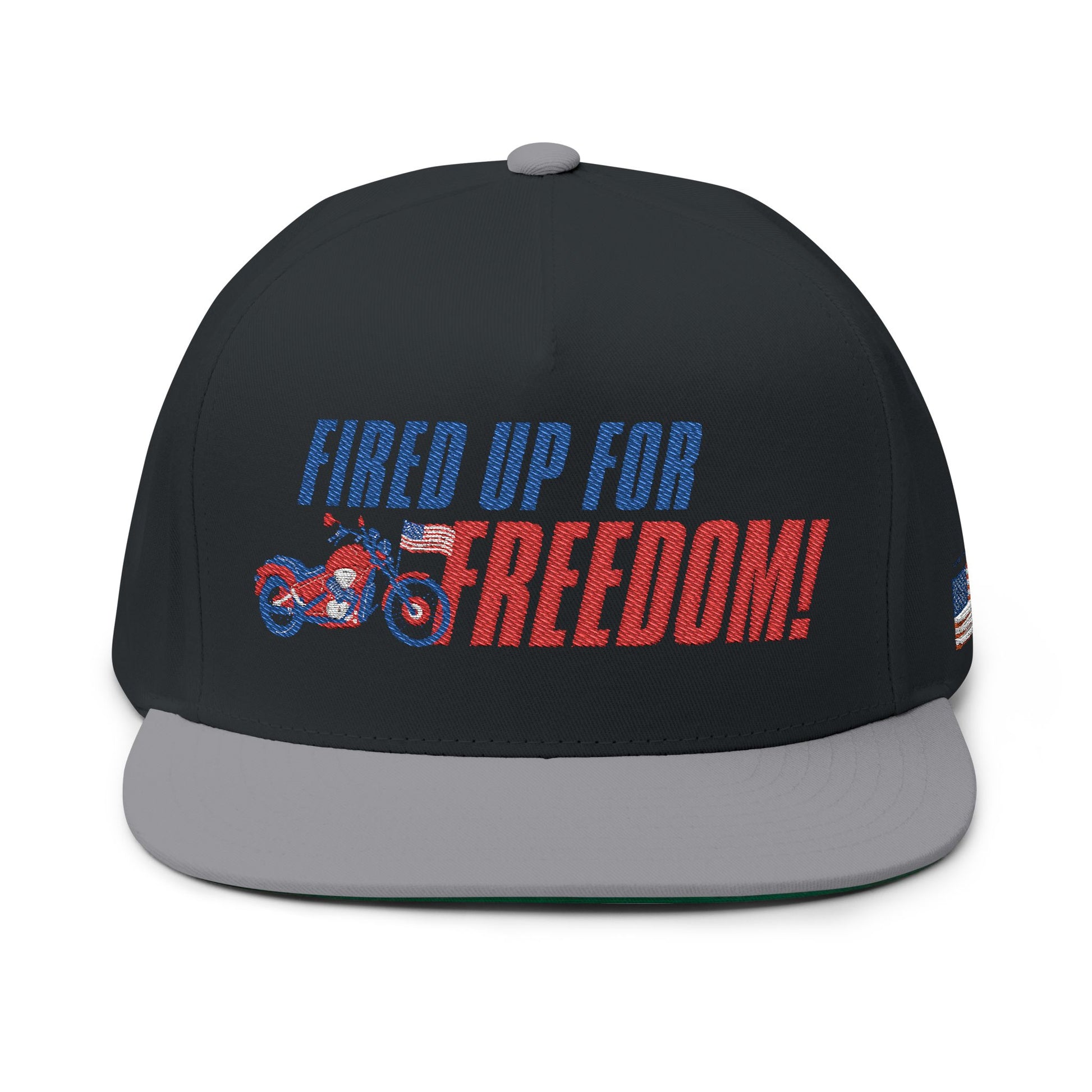 Fired Up for Freedom! Flat Bill Cap - Patriotic Hat, Motorcycle Lover Gift, Embroidered Cap, Fourth of July Accessory, Casual Style