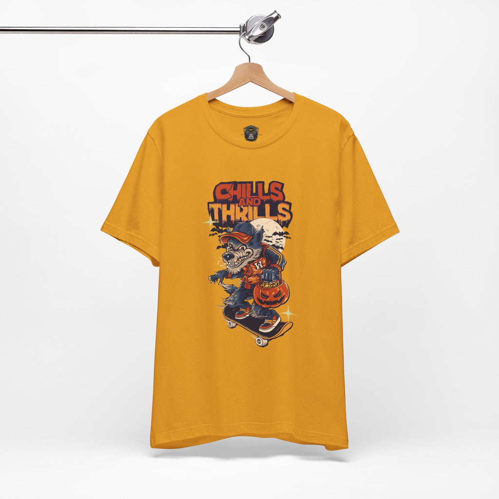 Chills and Thrills Halloween Tee, Graphic T-Shirt, Spooky Skateboarding Shirt