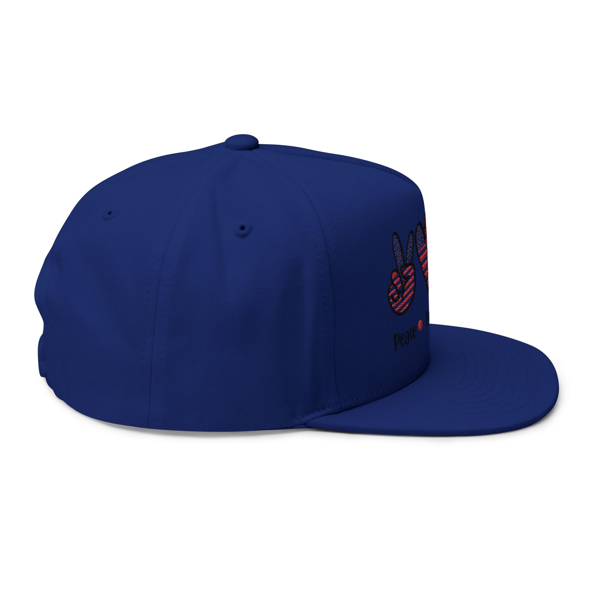 Patriotic Flat Bill Cap - Peace, Love, America, 4th of July Hat, Embroidered Cap, Gift for Dad, Summer Hat, Casual Wear