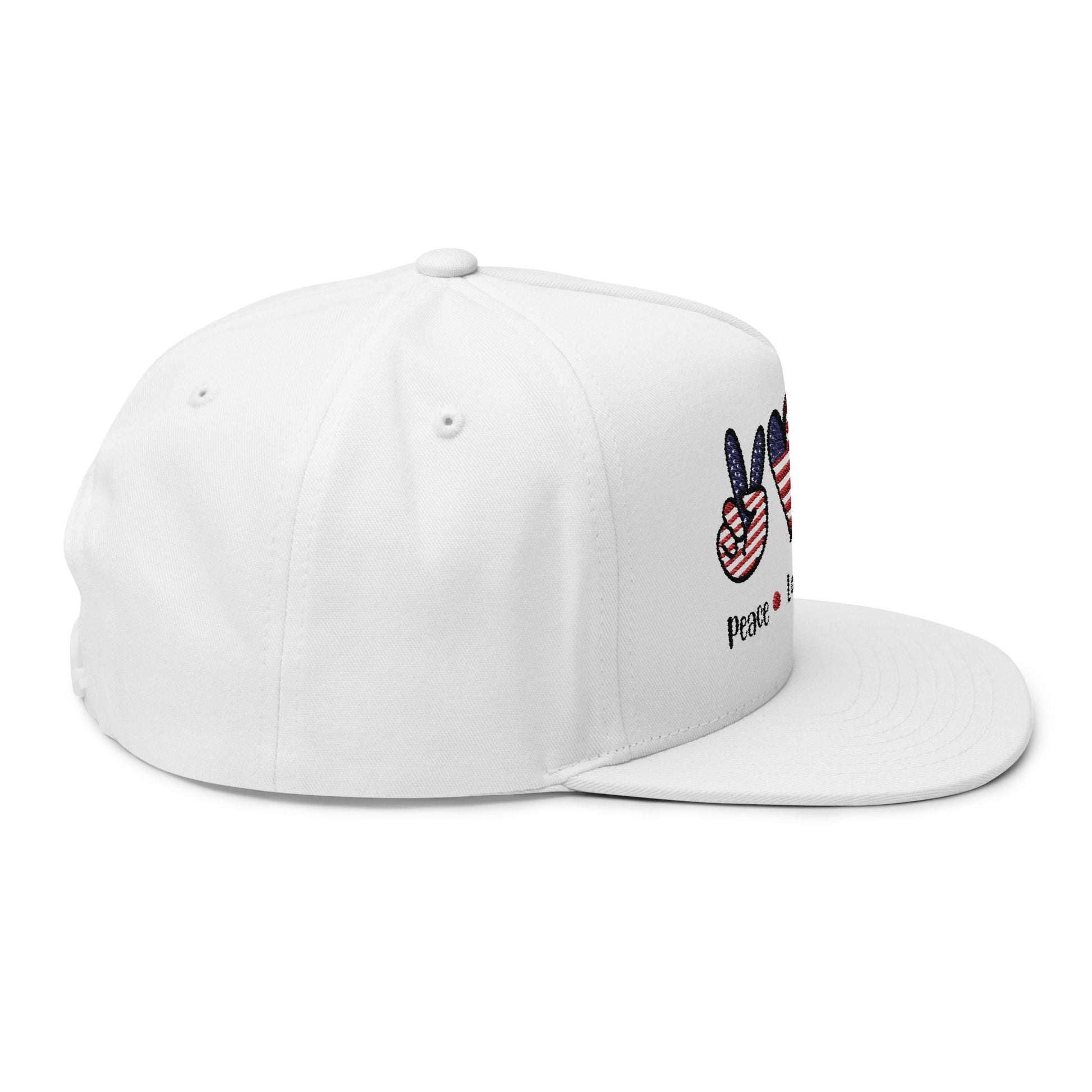 Patriotic Flat Bill Cap - Peace, Love, America, 4th of July Hat, Embroidered Cap, Gift for Dad, Summer Hat, Casual Wear