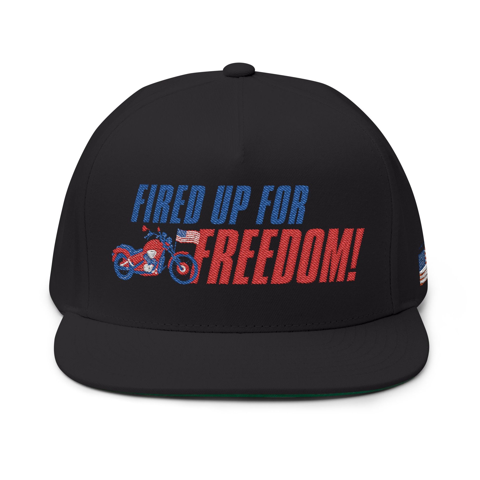 Fired Up for Freedom! Flat Bill Cap - Patriotic Hat, Motorcycle Lover Gift, Embroidered Cap, Fourth of July Accessory, Casual Style