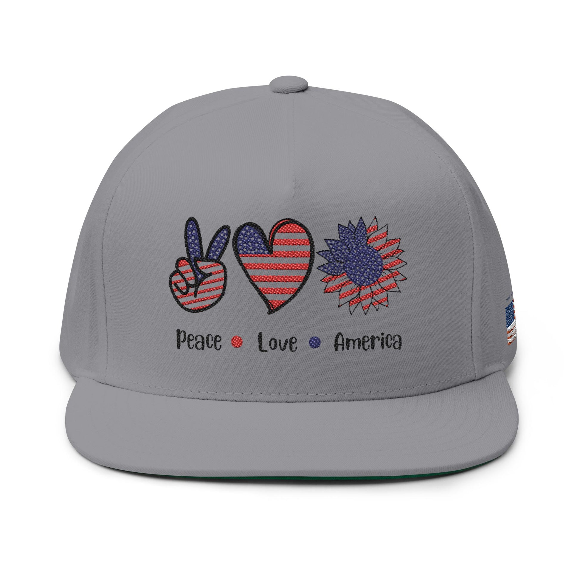 Patriotic Flat Bill Cap - Peace, Love, America, 4th of July Hat, Embroidered Cap, Gift for Dad, Summer Hat, Casual Wear
