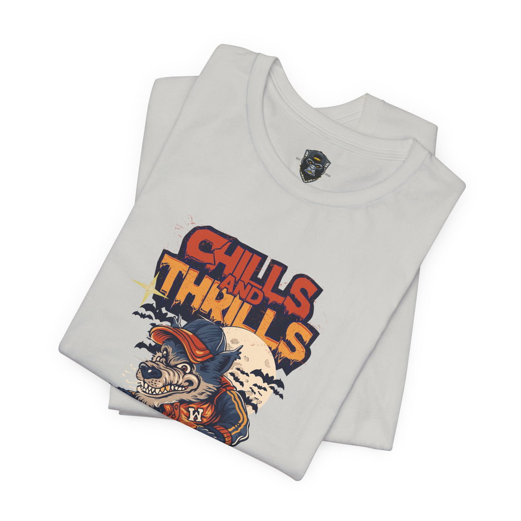Chills and Thrills Halloween Tee, Graphic T-Shirt, Spooky Skateboarding Shirt