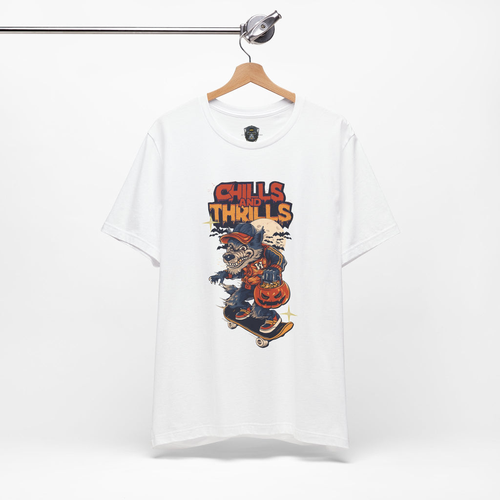 Chills and Thrills Halloween Tee, Graphic T-Shirt, Spooky Skateboarding Shirt