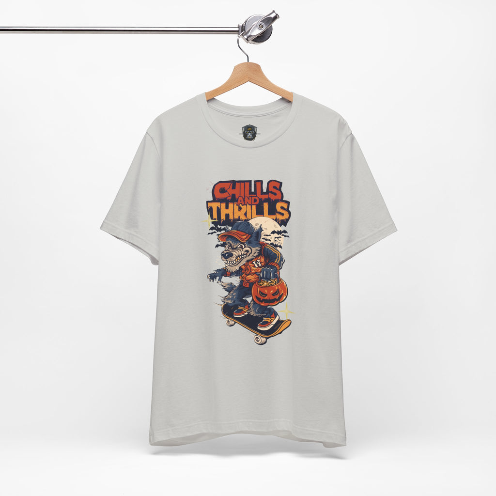 Chills and Thrills Halloween Tee, Graphic T-Shirt, Spooky Skateboarding Shirt