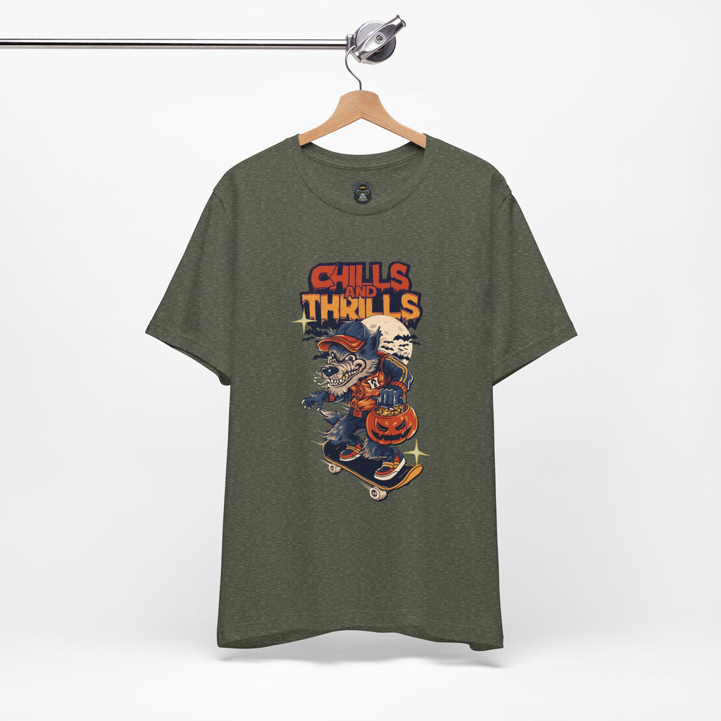 Chills and Thrills Halloween Tee, Graphic T-Shirt, Spooky Skateboarding Shirt