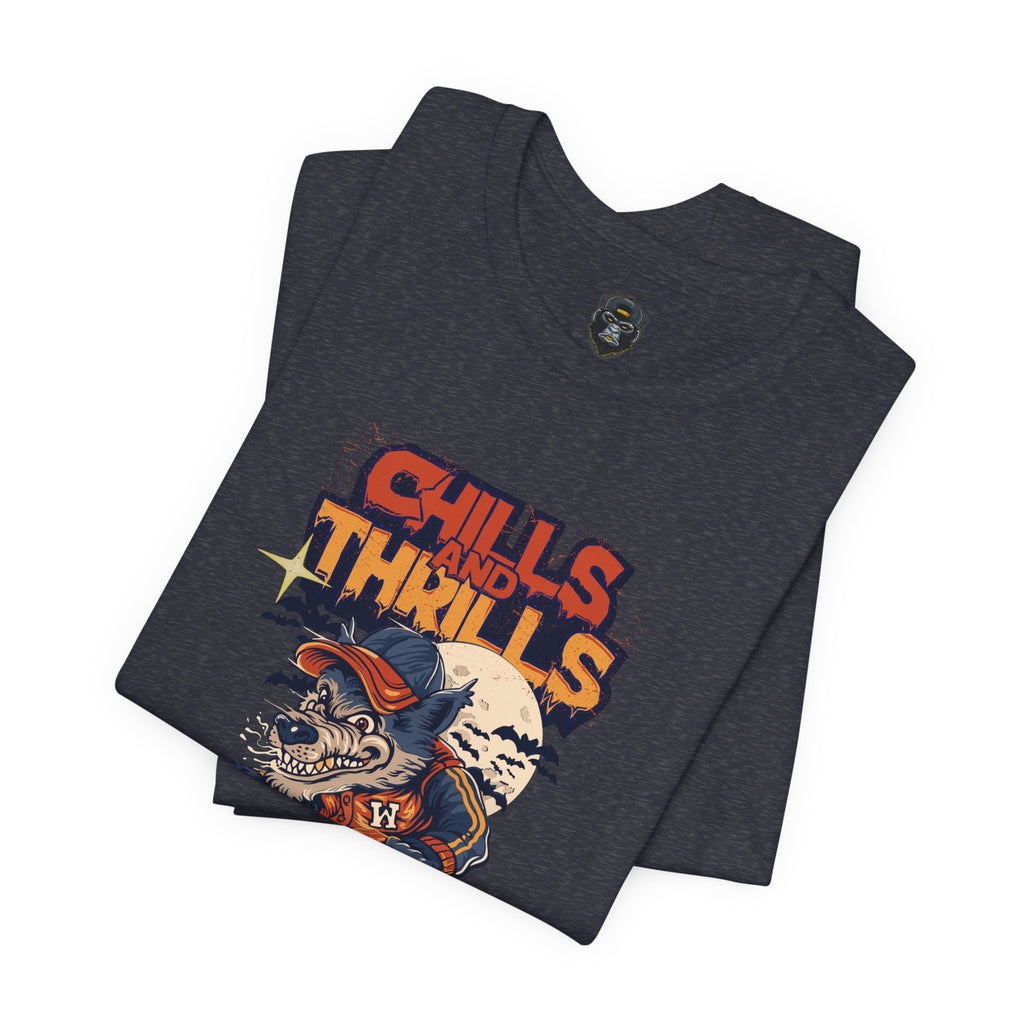 Chills and Thrills Halloween Tee, Graphic T-Shirt, Spooky Skateboarding Shirt