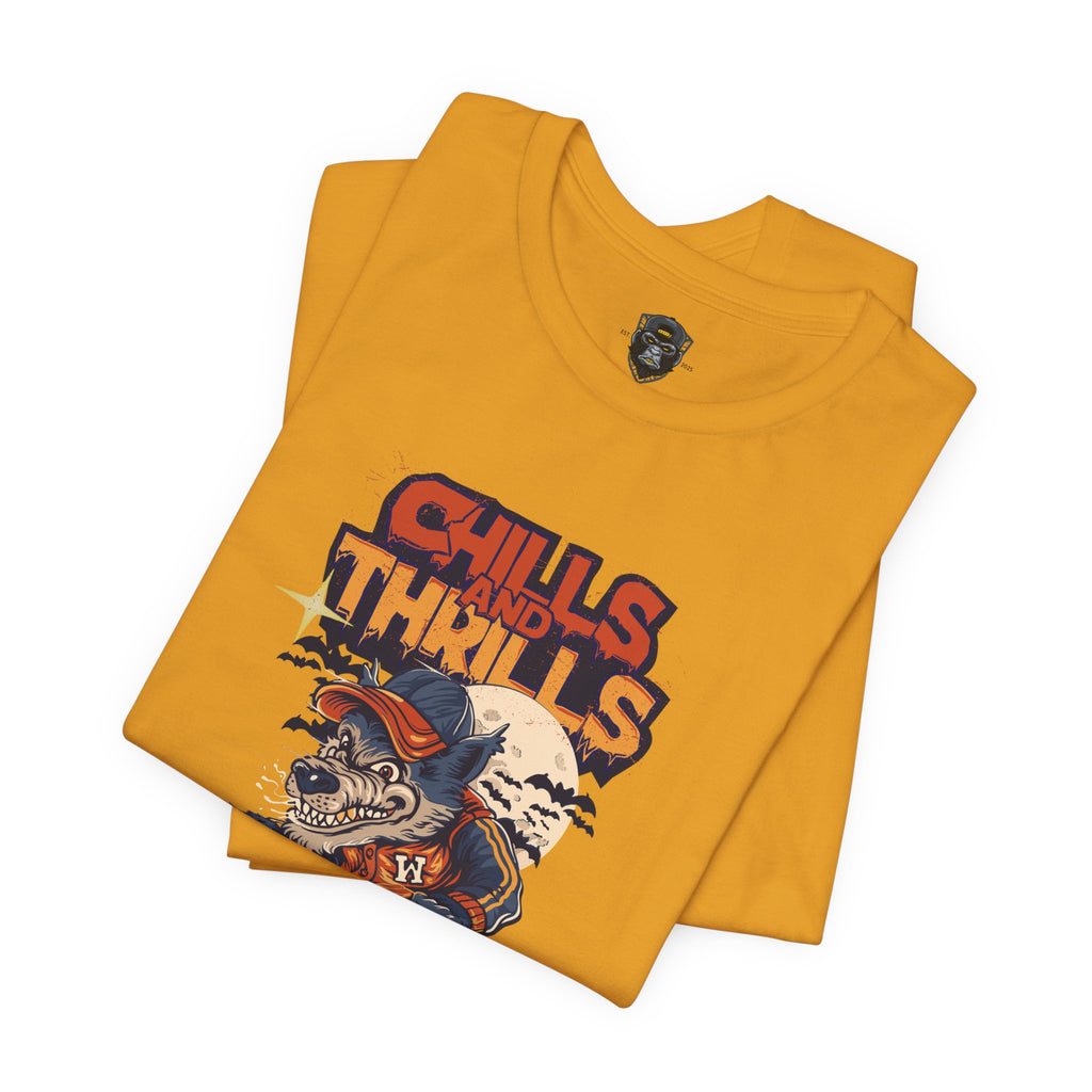 Chills and Thrills Halloween Tee, Graphic T-Shirt, Spooky Skateboarding Shirt