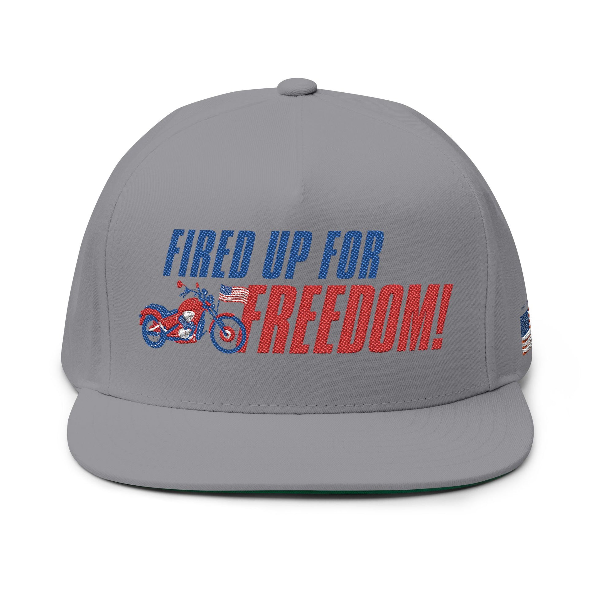 Fired Up for Freedom! Flat Bill Cap - Patriotic Hat, Motorcycle Lover Gift, Embroidered Cap, Fourth of July Accessory, Casual Style