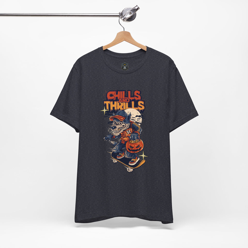 Chills and Thrills Halloween Tee, Graphic T-Shirt, Spooky Skateboarding Shirt