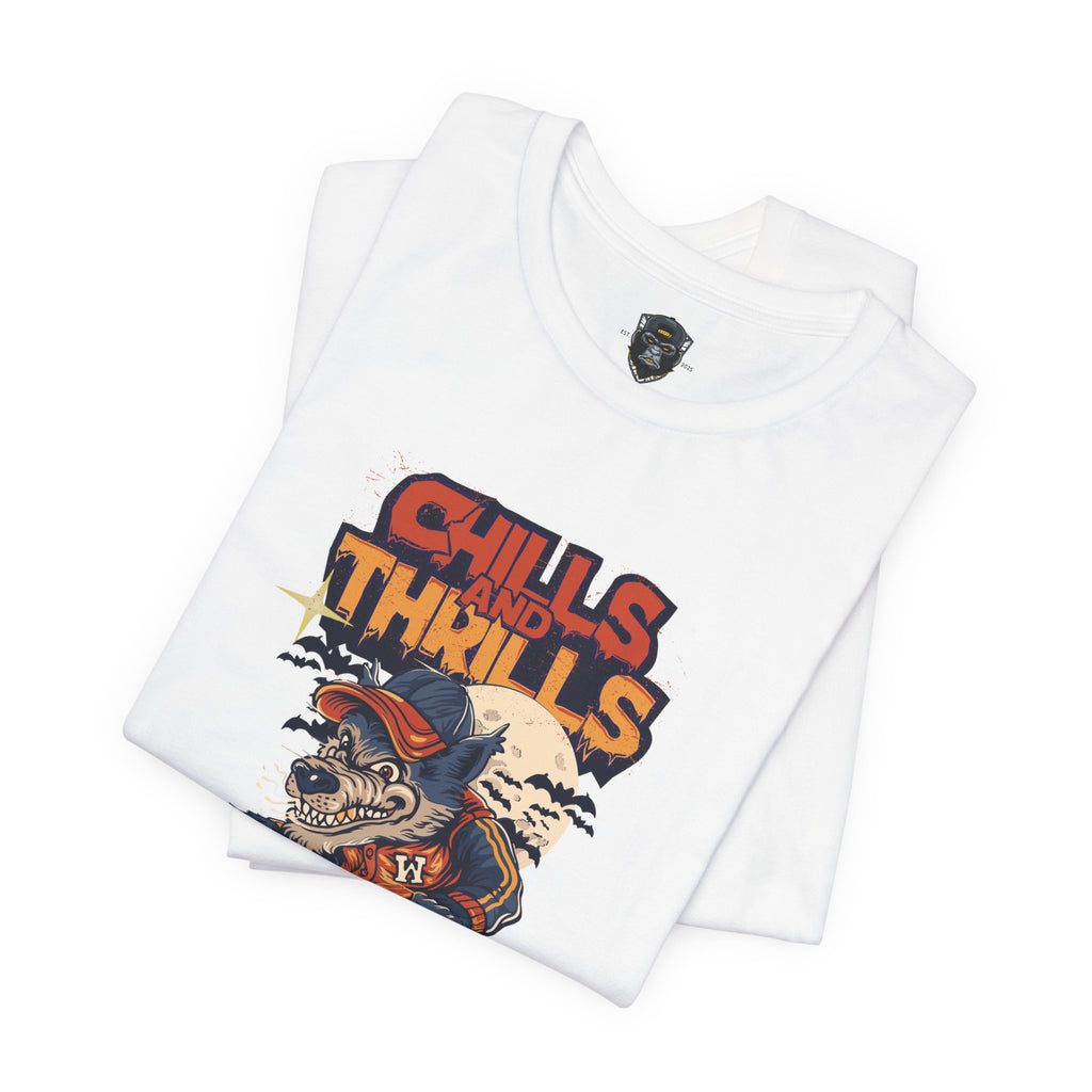 Chills and Thrills Halloween Tee, Graphic T-Shirt, Spooky Skateboarding Shirt