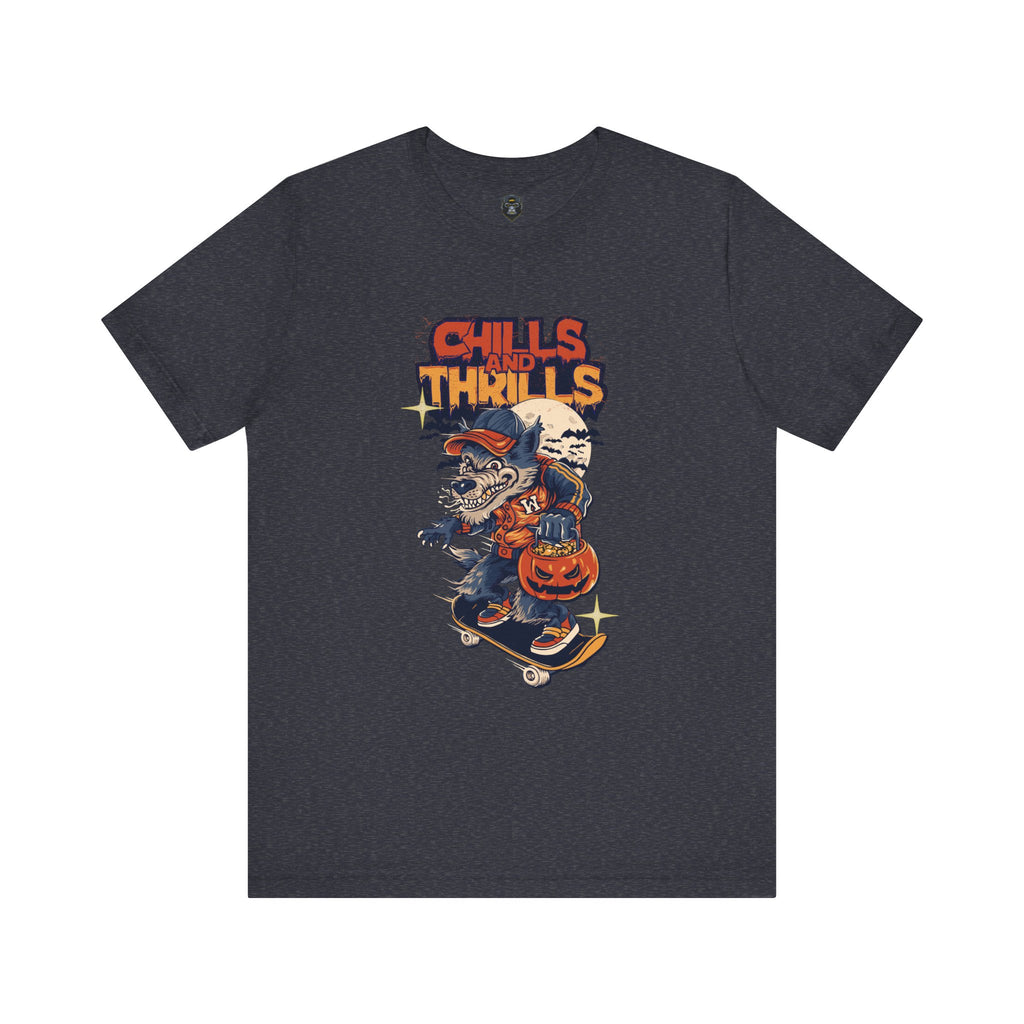 Chills and Thrills Halloween Tee, Graphic T-Shirt, Spooky Skateboarding Shirt