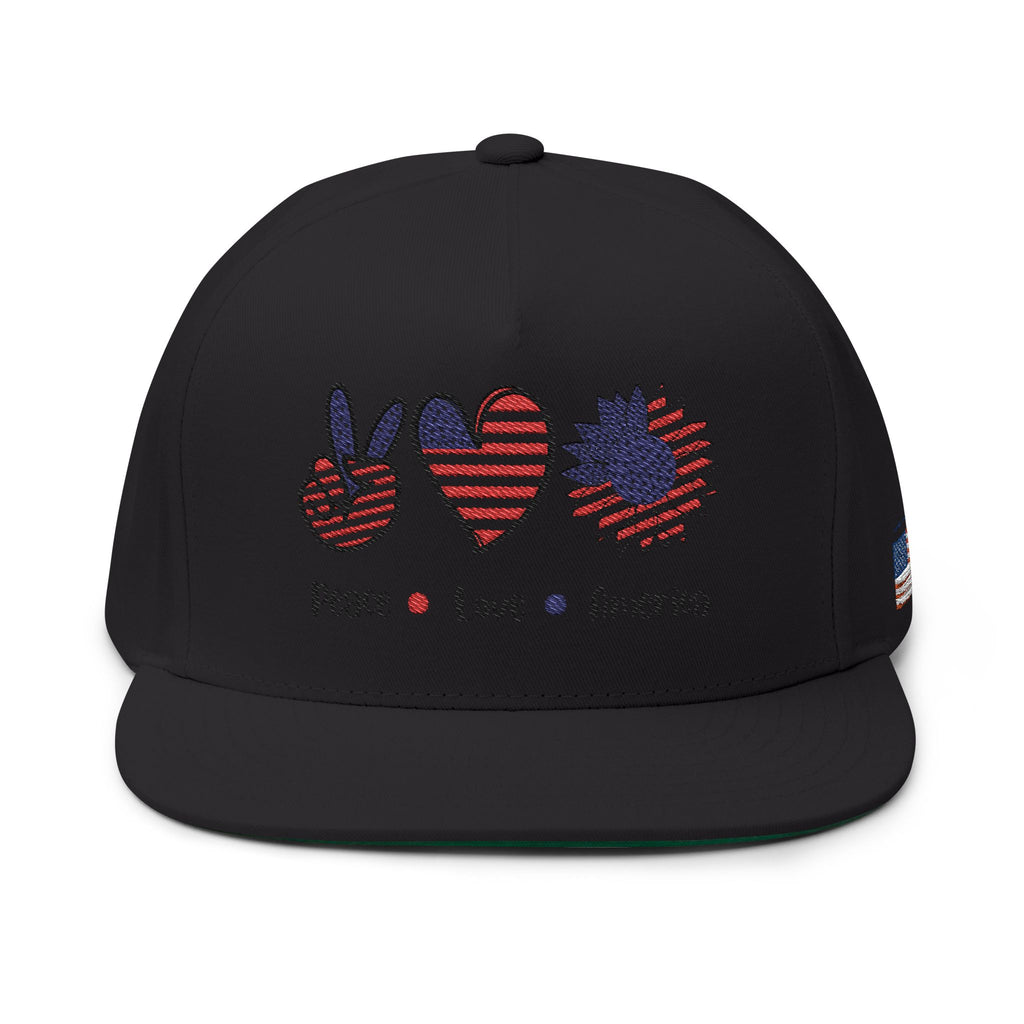 Patriotic Flat Bill Cap - Peace, Love, America, 4th of July Hat, Embroidered Cap, Gift for Dad, Summer Hat, Casual Wear