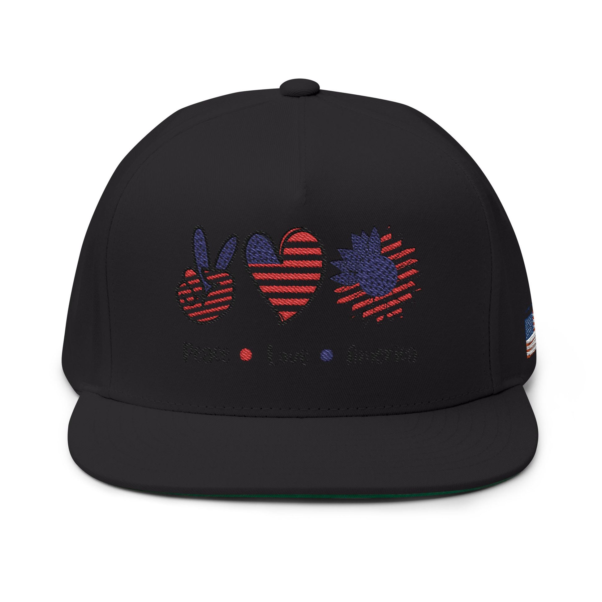 Patriotic Flat Bill Cap - Peace, Love, America, 4th of July Hat, Embroidered Cap, Gift for Dad, Summer Hat, Casual Wear