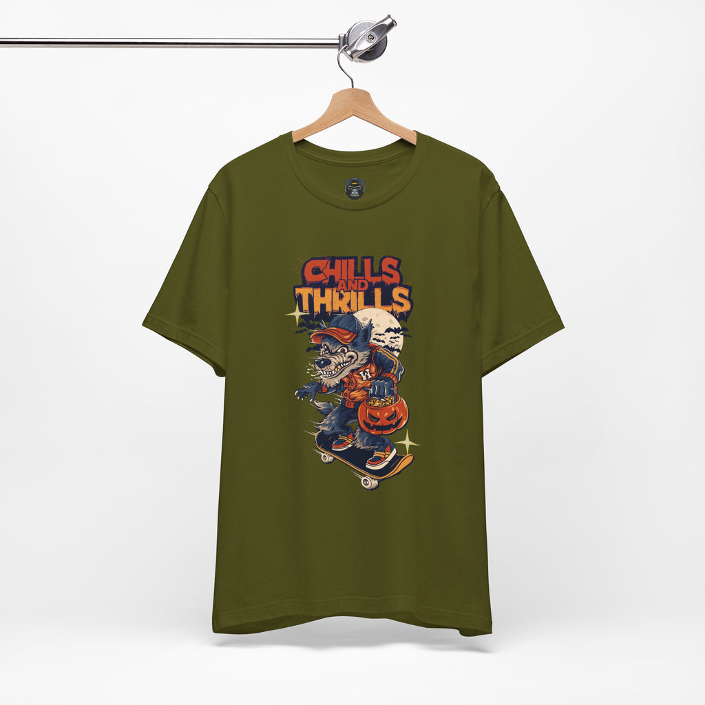 Chills and Thrills Halloween Tee, Graphic T-Shirt, Spooky Skateboarding Shirt