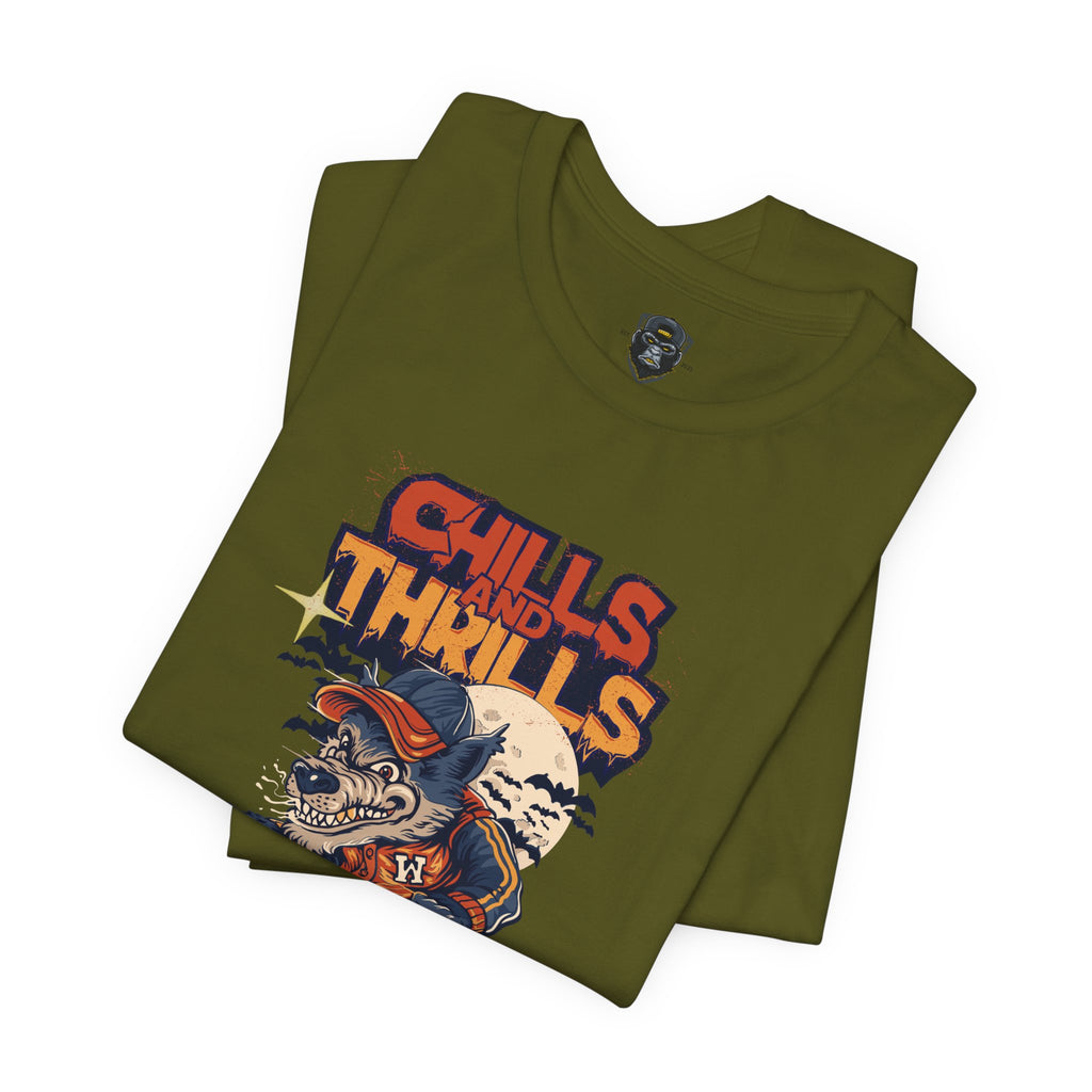 Chills and Thrills Halloween Tee, Graphic T-Shirt, Spooky Skateboarding Shirt