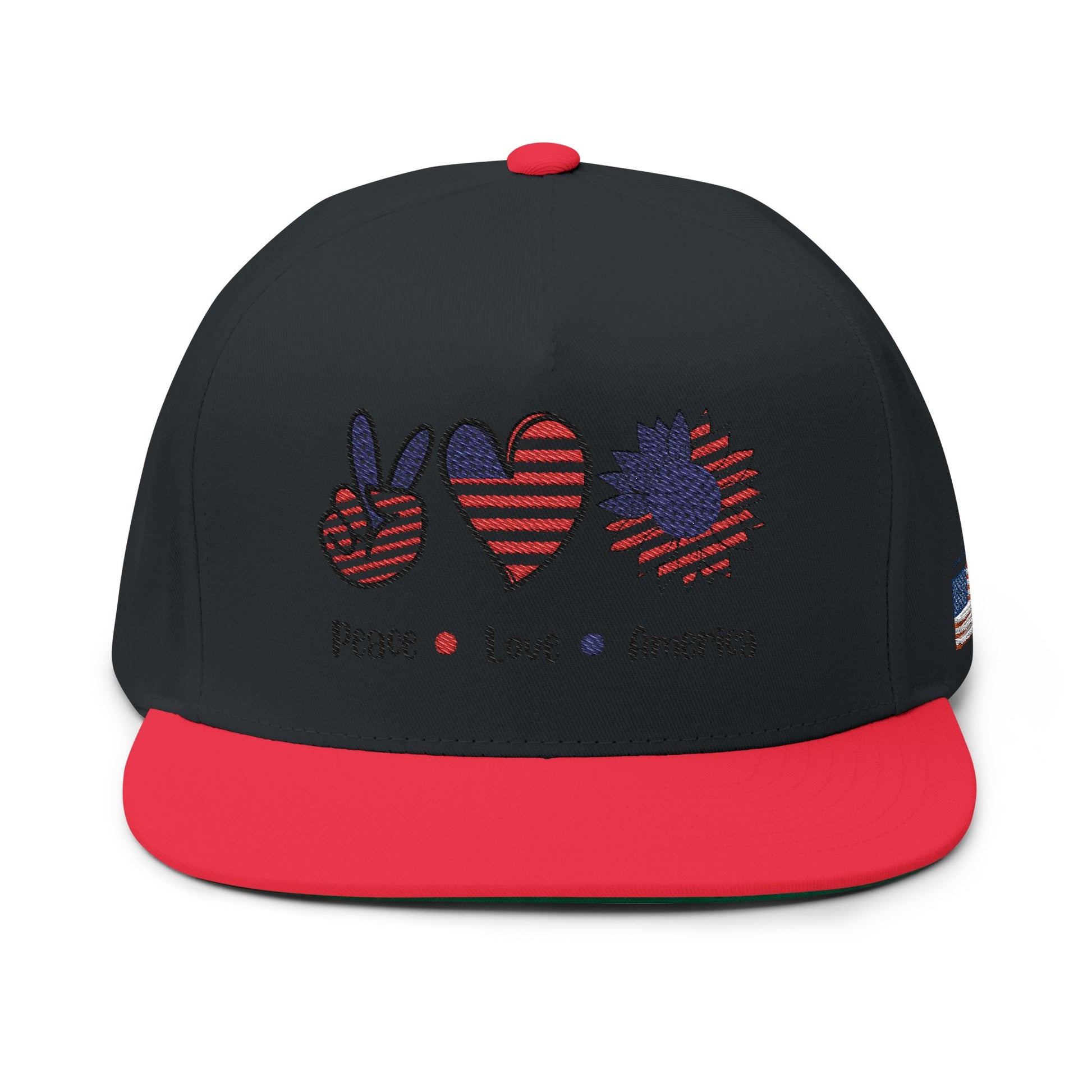 Patriotic Flat Bill Cap - Peace, Love, America, 4th of July Hat, Embroidered Cap, Gift for Dad, Summer Hat, Casual Wear