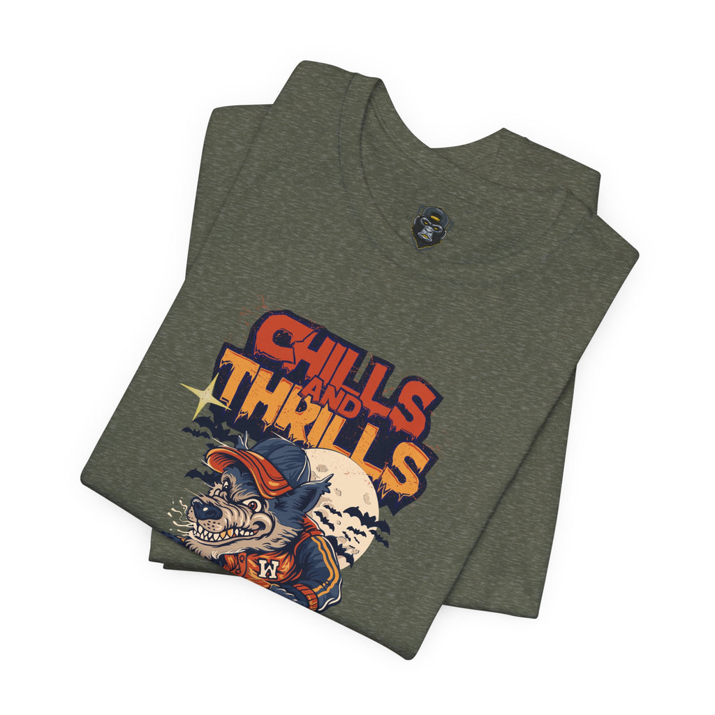 Chills and Thrills Halloween Tee, Graphic T-Shirt, Spooky Skateboarding Shirt